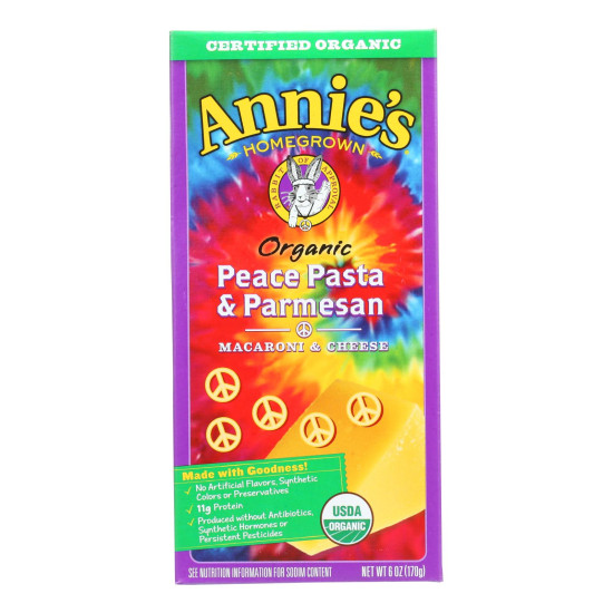 Annies Homegrown Macaroni and Cheese - Organic - Peace Pasta and Parmesan - 6 oz - case of 12do 35324469