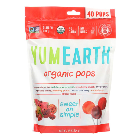 Yummy Earth Organics Lollipops - Organic Pops - 40 Plus - Assorted - 8.5 oz - Case of 12do 35191552